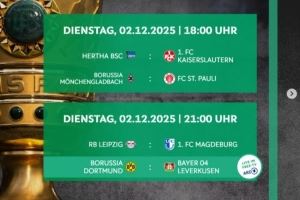  德国杯1/8决赛时间：12月3日4点药厂vs多特 4日3:45柏林联合拜仁